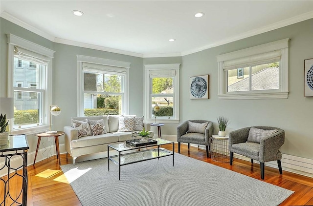 living area with ornamental molding, recessed lighting, and wood finished floors