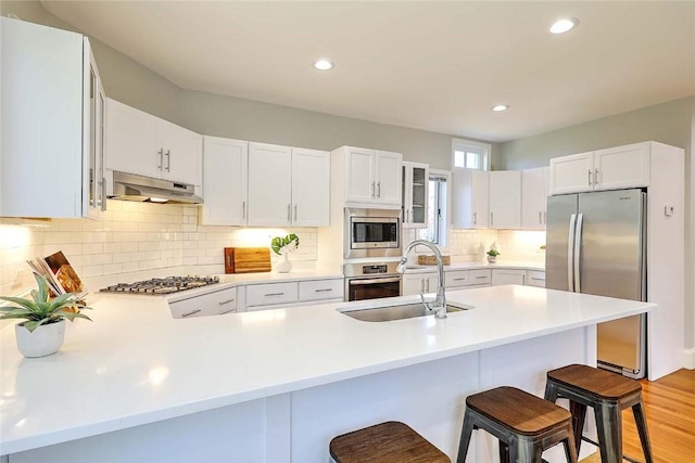 kitchen with a kitchen bar, light countertops, under cabinet range hood, a sink, and stainless steel appliances