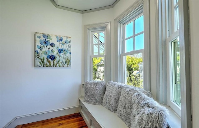 living area featuring ornamental molding and wood finished floors