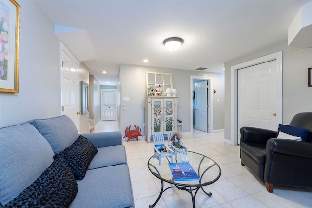 16 Central St, Charlestown, RI 02813 - living area with recessed lighting, baseboards, visible vents, and light tile patterned floors