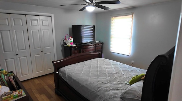 bedroom with a closet, a ceiling fan, dark wood-style flooring, and multiple windows
