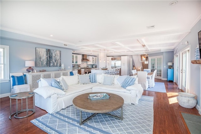 53 Stanton Ave, Narragansett, RI 02882 - living room featuring visible vents, wood finished floors, beamed ceiling, baseboards, and coffered ceiling