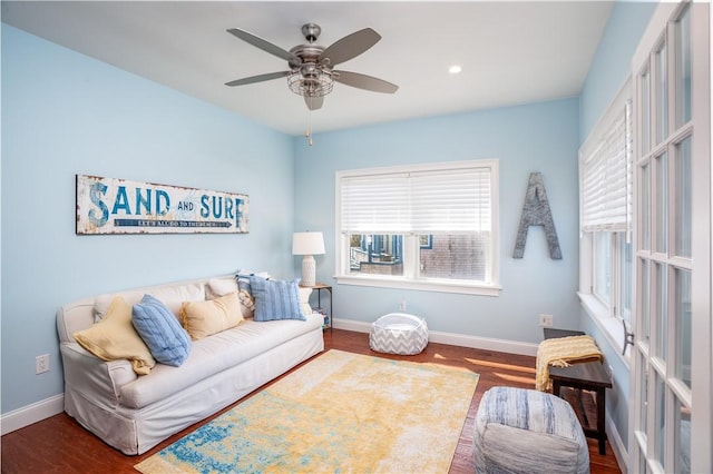 53 Stanton Ave, Narragansett, RI 02882 - living area featuring a ceiling fan, baseboards, recessed lighting, and wood finished floors