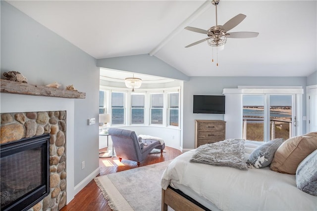 53 Stanton Ave, Narragansett, RI 02882 - bedroom featuring vaulted ceiling with beams, multiple windows, baseboards, and wood finished floors