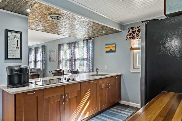 86 Quannacut Rd Unit A, Westerly, RI 02891 - kitchen featuring freestanding refrigerator, black electric cooktop, a sink, a peninsula, and brown cabinetry