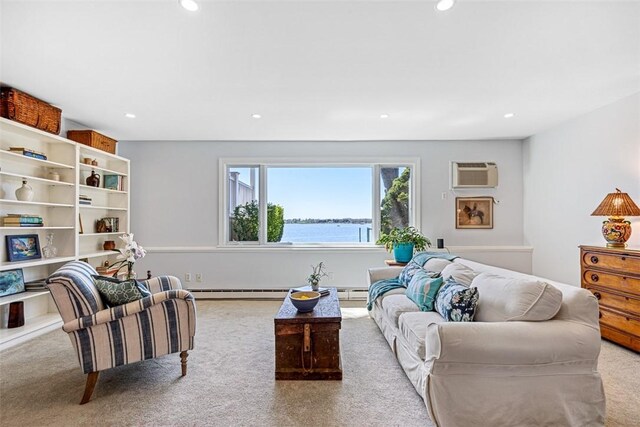 221 Hope St Unit 7, Bristol, RI 02809 - carpeted living room with a water view, a baseboard radiator, an AC wall unit, and recessed lighting