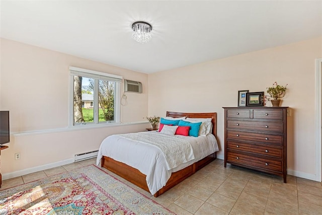 221 Hope St Unit 7, Bristol, RI 02809 - bedroom with light tile patterned floors, baseboards, baseboard heating, and an AC wall unit