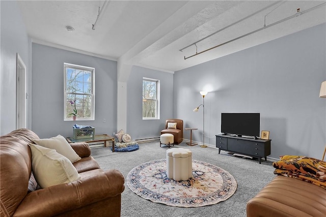 carpeted living room with baseboards and a baseboard radiator
