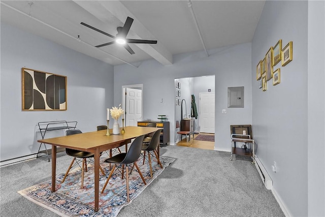 dining room featuring ceiling fan, beam ceiling, carpet floors, baseboards, and electric panel