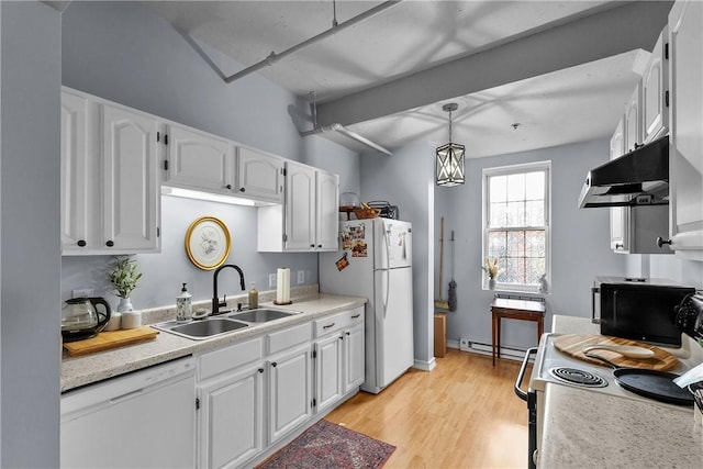 kitchen featuring a sink, a baseboard radiator, under cabinet range hood, white appliances, and white cabinetry