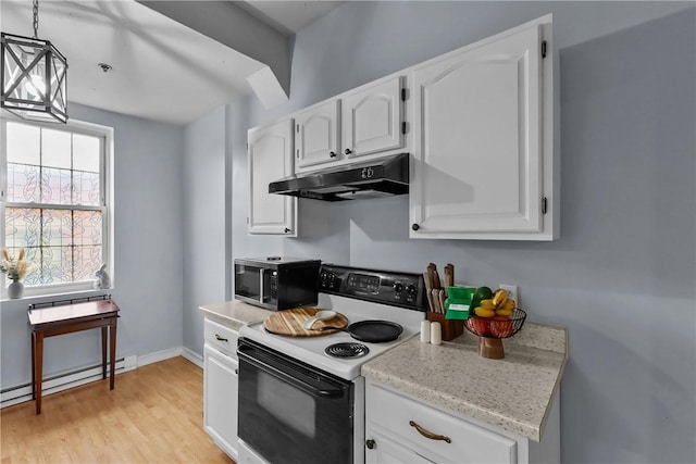 kitchen featuring range with electric cooktop, white cabinetry, stainless steel microwave, under cabinet range hood, and light wood-style flooring