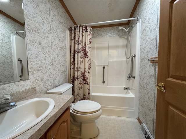 11 Cardinal Ct, Tiverton, RI 02878 - bathroom featuring vanity, toilet, shower / bath combo with shower curtain, tile patterned floors, and wallpapered walls