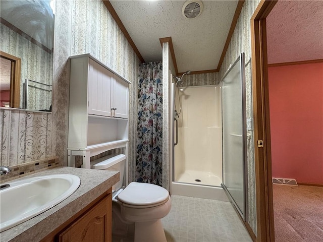 11 Cardinal Ct, Tiverton, RI 02878 - bathroom featuring ornamental molding, a stall shower, and a textured ceiling