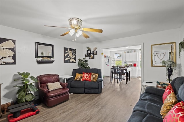 living area featuring a ceiling fan and wood finished floors