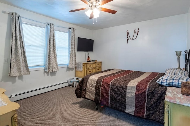 bedroom with carpet floors, ceiling fan, and baseboard heating