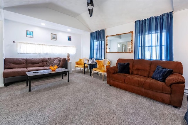 living room with carpet floors, recessed lighting, ceiling fan, and vaulted ceiling