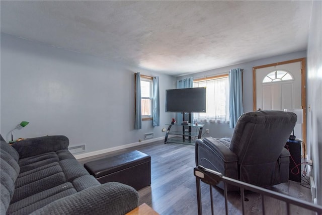 living area featuring baseboards, wood finished floors, and a baseboard radiator