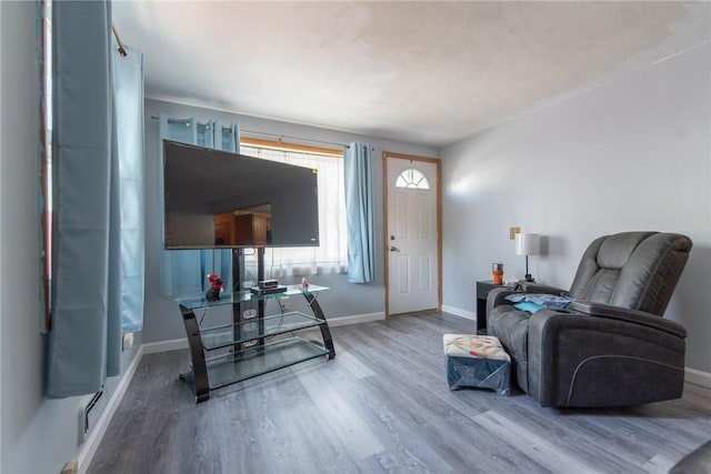 living area with baseboards and wood finished floors