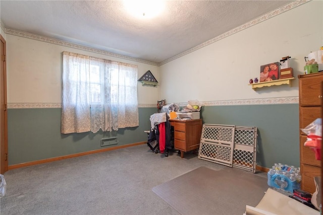miscellaneous room featuring carpet and a textured ceiling