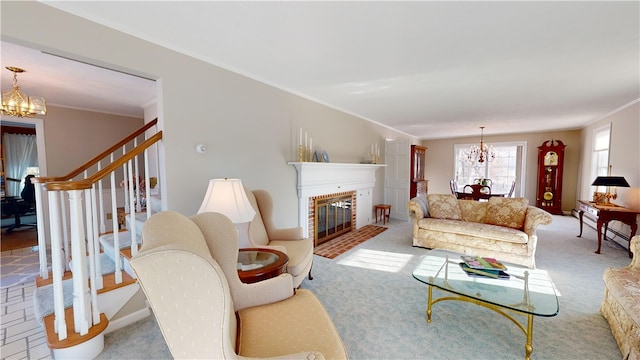 living area with crown molding, stairway, a notable chandelier, and carpet