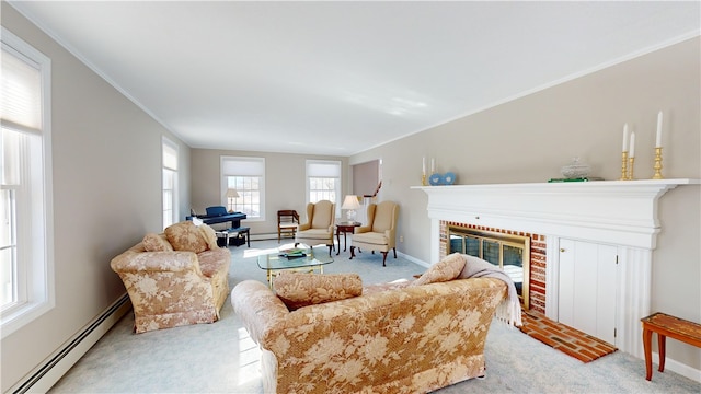 living room featuring a brick fireplace, baseboards, a baseboard heating unit, ornamental molding, and light carpet