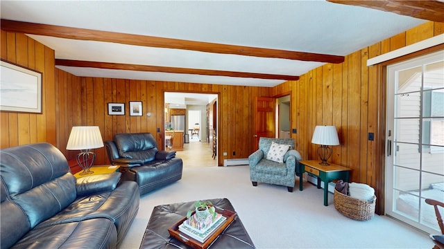 410 Wandsworth St, Narragansett, RI 02882 - living room featuring a baseboard radiator, beamed ceiling, carpet floors, and wooden walls
