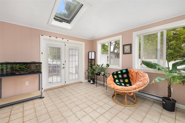 sunroom / solarium with french doors, a baseboard radiator, and a skylight