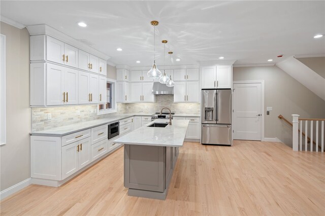 25 Scallop Shell Rd, Narragansett, RI 02882 - kitchen with a sink, stainless steel fridge with ice dispenser, recessed lighting, baseboards, and white cabinetry