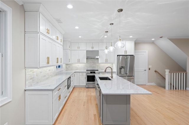 25 Scallop Shell Rd, Narragansett, RI 02882 - kitchen with a sink, white cabinets, under cabinet range hood, stainless steel appliances, and recessed lighting