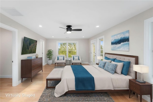 25 Scallop Shell Rd, Narragansett, RI 02882 - bedroom with visible vents, access to exterior, baseboards, recessed lighting, and light wood-style flooring