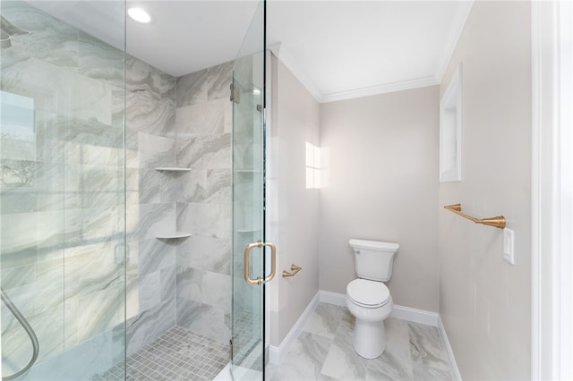 25 Scallop Shell Rd, Narragansett, RI 02882 - full bathroom featuring crown molding, a shower stall, baseboards, toilet, and marble finish floor