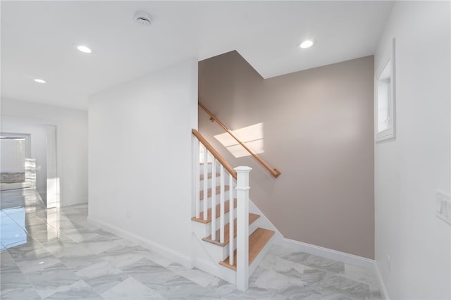 25 Scallop Shell Rd, Narragansett, RI 02882 - staircase featuring recessed lighting, baseboards, and marble finish floor