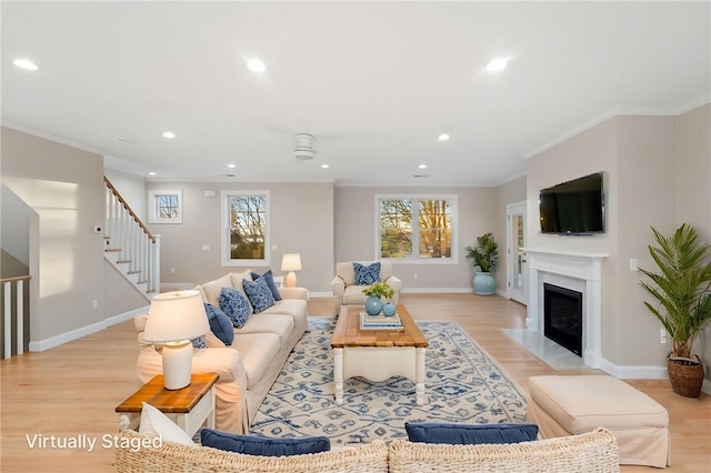 25 Scallop Shell Rd, Narragansett, RI 02882 - living room featuring recessed lighting, baseboards, stairway, and light wood-type flooring