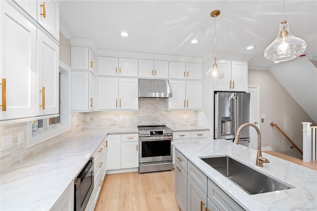 25 Scallop Shell Rd, Narragansett, RI 02882 - kitchen with decorative backsplash, appliances with stainless steel finishes, a sink, light stone counters, and under cabinet range hood