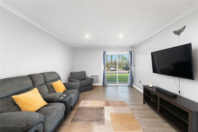 752 Quaker Ln Unit B108, Warwick, RI 02818 - living area featuring recessed lighting, ornamental molding, a baseboard heating unit, and light wood finished floors