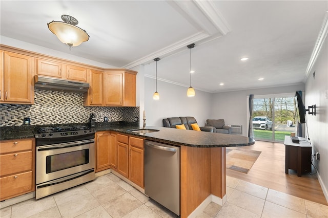 752 Quaker Ln Unit B108, Warwick, RI 02818 - kitchen with under cabinet range hood, appliances with stainless steel finishes, ornamental molding, and a sink
