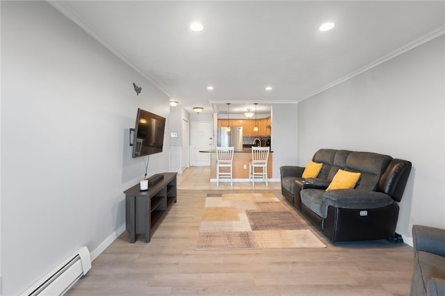 752 Quaker Ln Unit B108, Warwick, RI 02818 - living area with recessed lighting, ornamental molding, light wood-style flooring, and baseboard heating