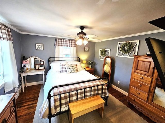 bedroom with baseboards, ceiling fan, dark wood-style floors, and ornamental molding