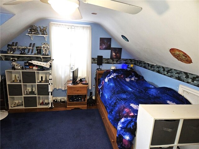 bedroom featuring carpet flooring, ceiling fan, and lofted ceiling
