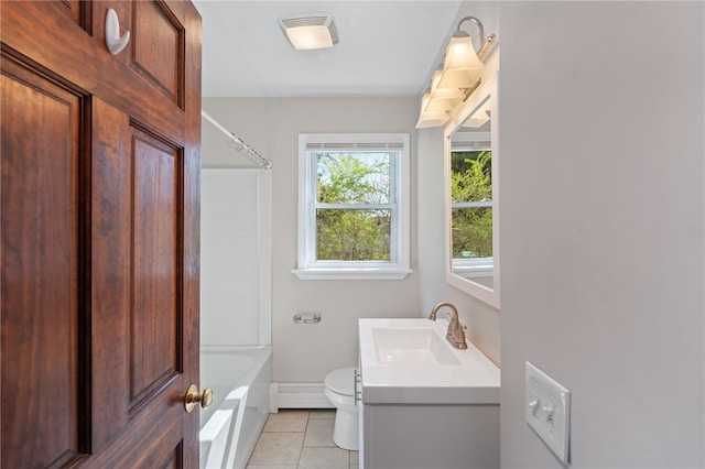 bathroom featuring tile patterned floors, a baseboard radiator, vanity, toilet, and  shower combination