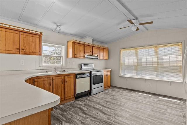 kitchen featuring ceiling fan, stainless steel range with electric cooktop, a sink, lofted ceiling with beams, and dishwashing machine