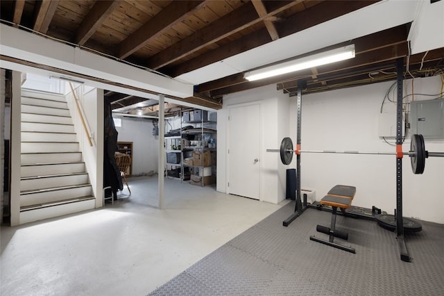 workout room with wood ceiling and electric panel