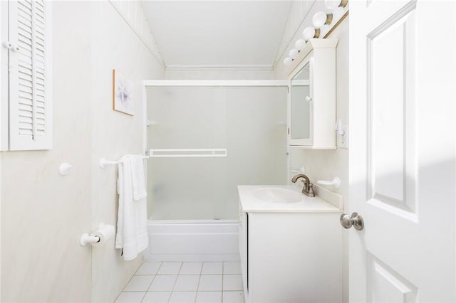 full bathroom with vanity, tile patterned flooring, and shower / tub combination