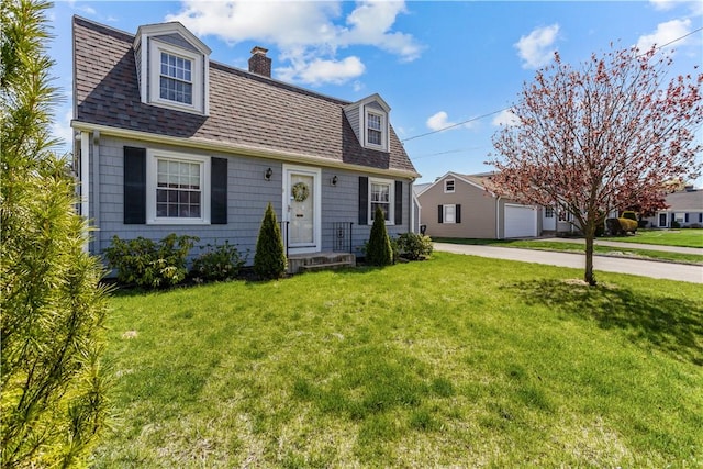 15 Broadmoor Rd, Cranston, RI 02910 - cape cod house featuring a chimney, roof with shingles, a garage, a front lawn, and concrete driveway
