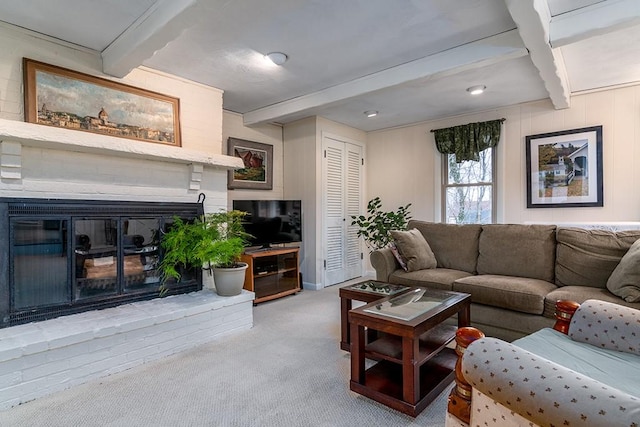 180 Birkshire Dr, Warwick, RI 02886 - living area with carpet floors, beamed ceiling, and a brick fireplace