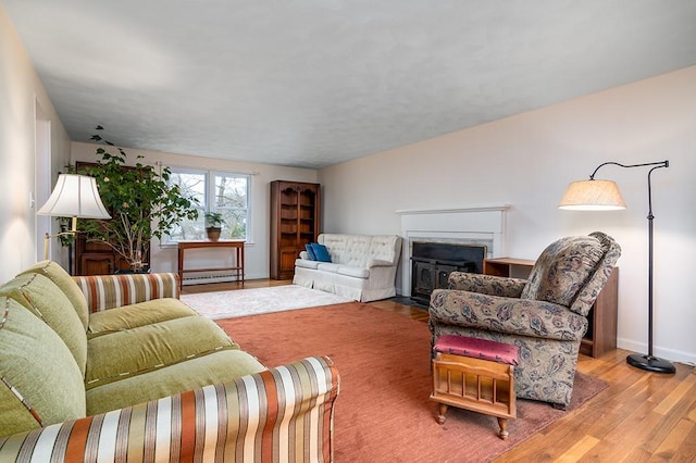 180 Birkshire Dr, Warwick, RI 02886 - living area with a fireplace with flush hearth, baseboards, baseboard heating, and wood finished floors