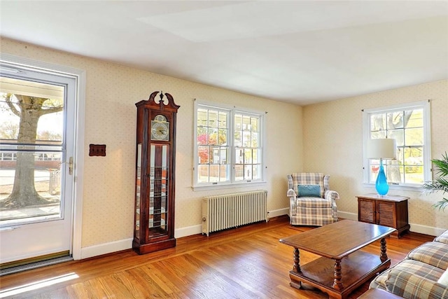 sitting room featuring radiator heating unit, baseboards, wood finished floors, and a wealth of natural light