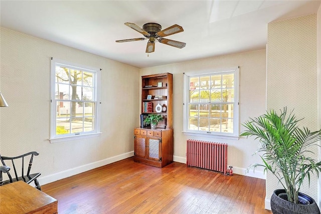sitting room with radiator heating unit, plenty of natural light, wood-type flooring, and a ceiling fan