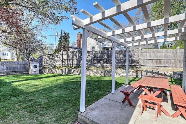 view of yard featuring a patio, a fenced backyard, and a pergola
