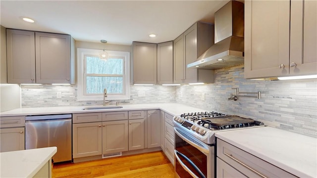 108 Shady Lea Rd, North Kingstown, RI 02852 - kitchen with a sink, wall chimney exhaust hood, gray cabinetry, and stainless steel appliances
